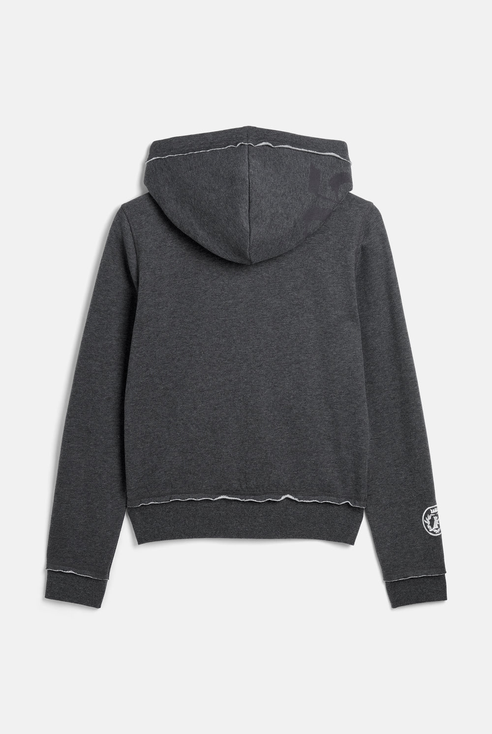 Displays the Charcoal Marl 'Juicy' branded Longline Fleece Zip-Through Hoodie