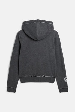 Displays the Charcoal Marl 'Juicy' branded Longline Fleece Zip-Through Hoodie