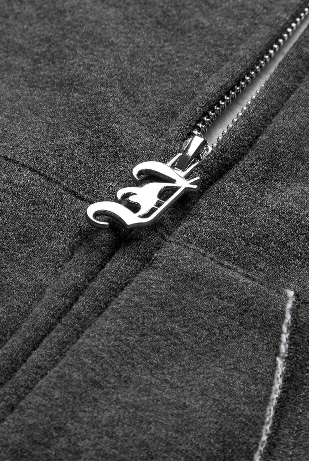 Displays the Charcoal Marl 'Juicy' branded Longline Fleece Zip-Through Hoodie featuring the details on the juicy branded zip