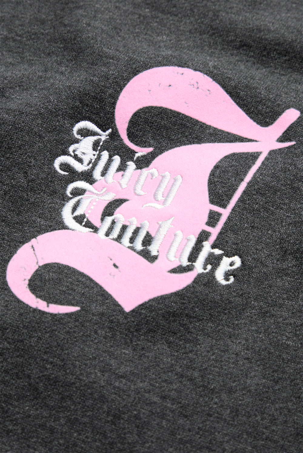 Displays the Charcoal Marl 'Juicy' branded Longline Fleece Zip-Through Hoodie featuring the juicy branding logo