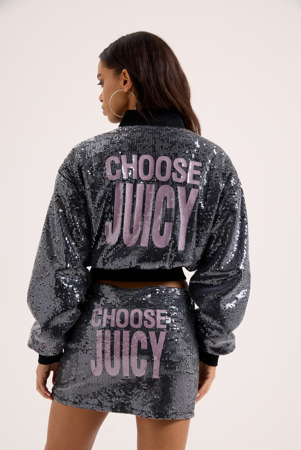 CHOOSE JUICY SEQUIN CROPPED BOMBER