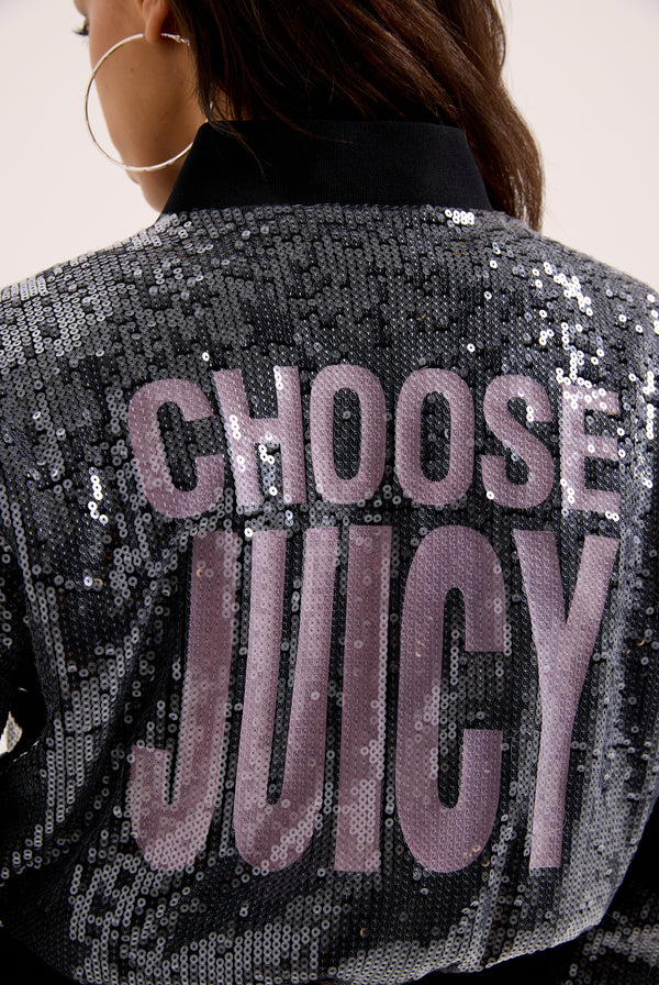 CHOOSE JUICY SEQUIN CROPPED BOMBER