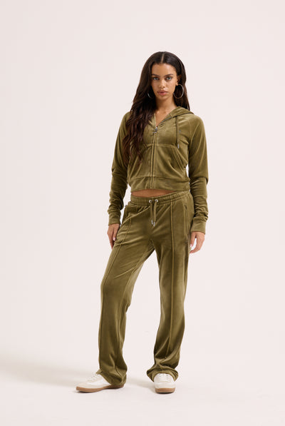 DARK OLIVE DIAMANTÉ VELOUR ZIP-THROUGH HOODIE