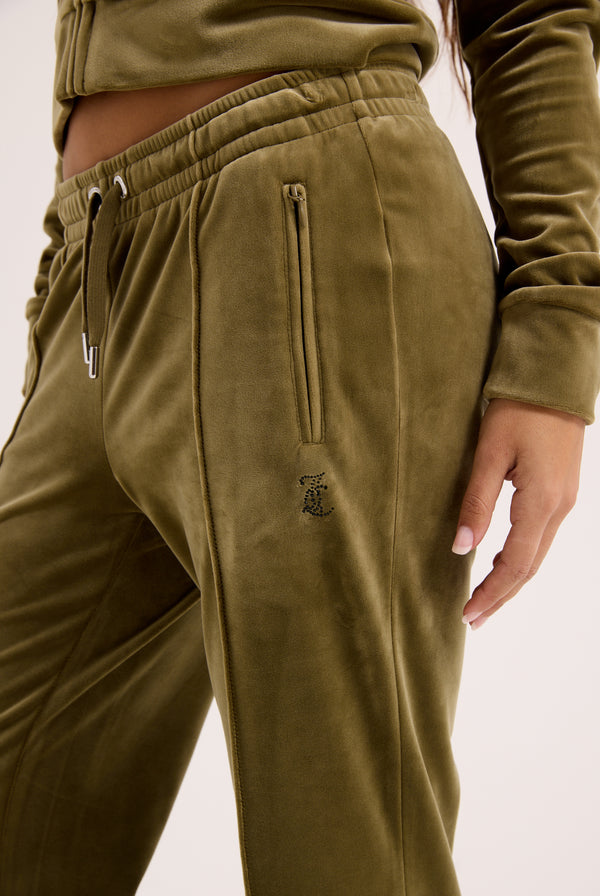 DARK OLIVE VELOUR OUTLINE DIAMANTÉ TRACKSUIT BOTTOM