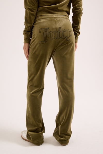 DARK OLIVE VELOUR OUTLINE DIAMANTÉ TRACKSUIT BOTTOM