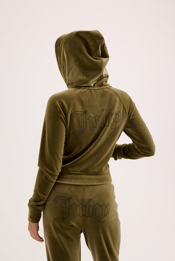 DARK OLIVE DIAMANTÉ VELOUR ZIP-THROUGH HOODIE