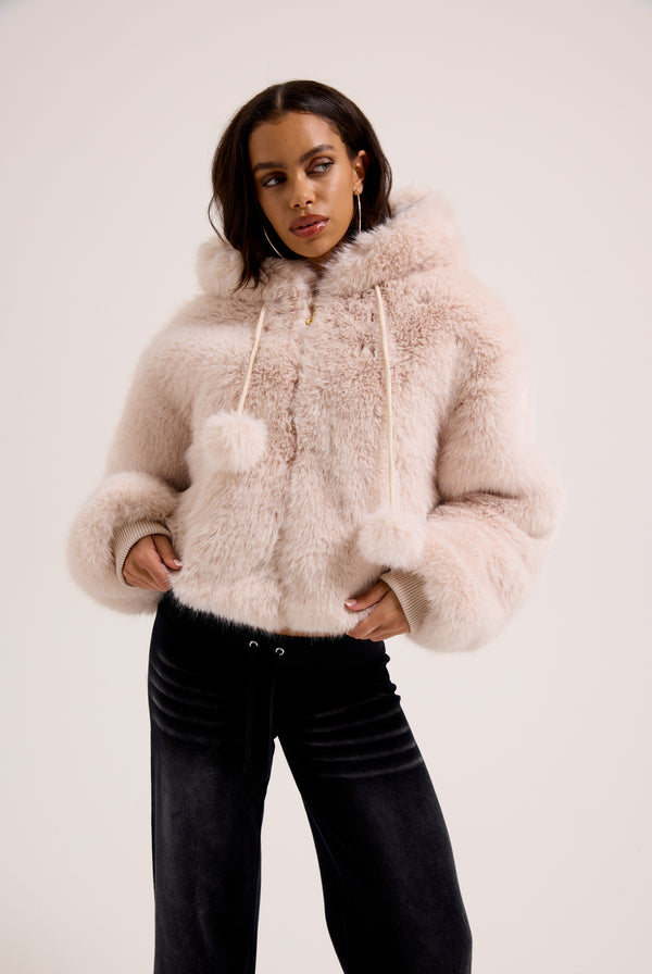 CREAM HOODED FAUX FUR JACKET