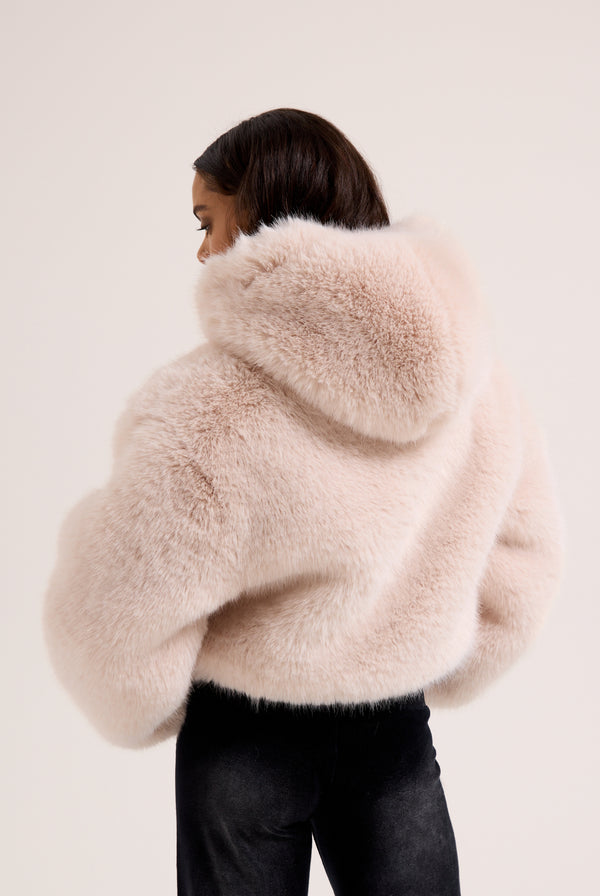 CREAM HOODED FAUX FUR JACKET