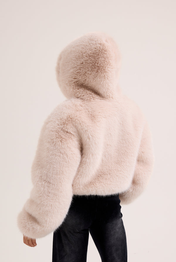 CREAM HOODED FAUX FUR JACKET