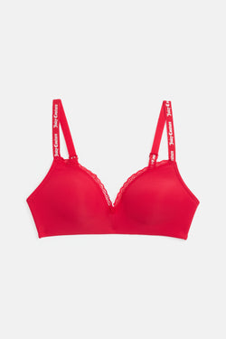 Displays the Red 'Juicy' branded Ribbed Microfibre Lace Trim Bralette