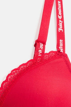 Displays the Red 'Juicy' branded Ribbed Microfibre Lace Trim Bralette featuring the details on the juicy branding 
