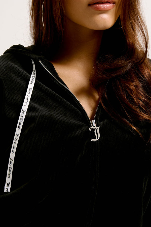 BLACK LOUNGE RIB VELOUR HOODIE