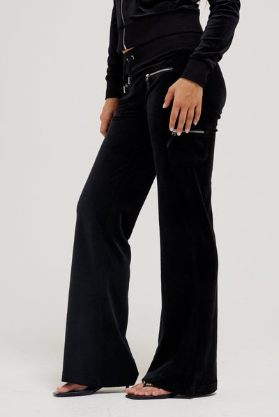 BLACK LOW RISE ZIP POCKET CLASSIC VELOUR TRACK PANTS