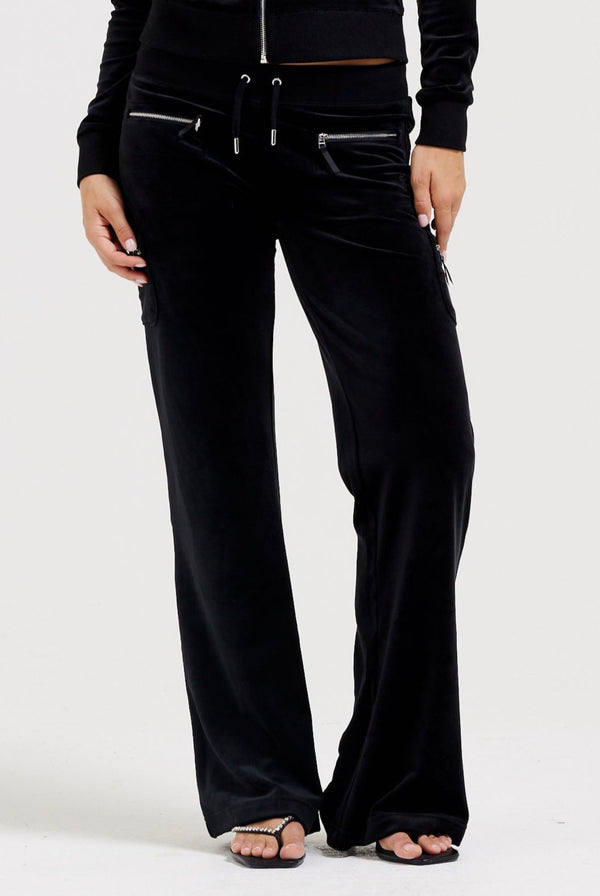 BLACK LOW RISE ZIP POCKET CLASSIC VELOUR TRACK PANTS