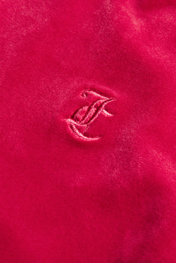 Displays the Persian Red / Gold 'Juicy' branded Classic Velour Robertson Hoodie featuring the details on the juicy branding 