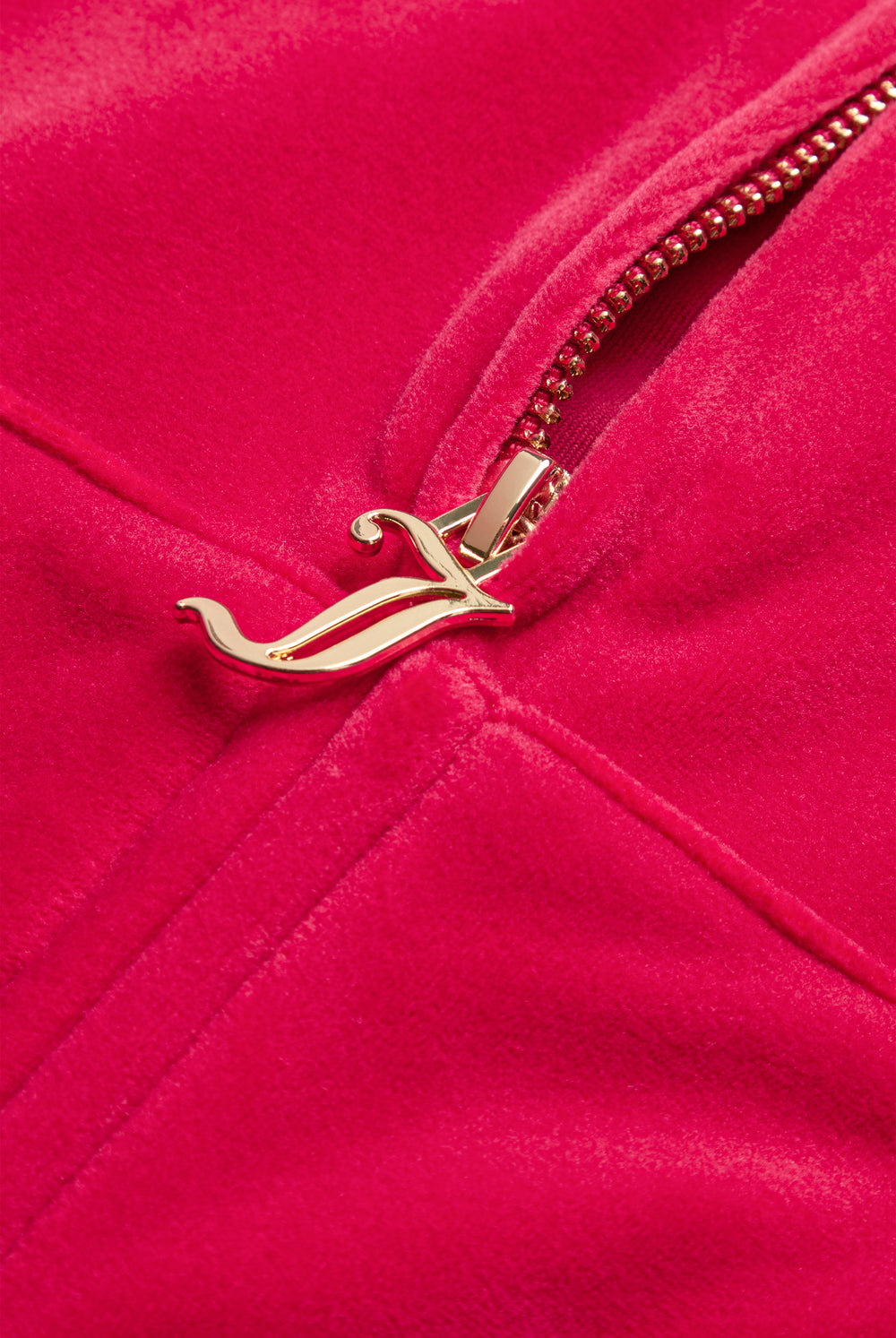 Displays the Persian Red / Gold 'Juicy' branded Classic Velour Robertson Hoodie featuring the juicy branding on the zip 