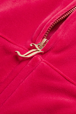 Displays the Persian Red / Gold 'Juicy' branded Classic Velour Robertson Hoodie featuring the juicy branding on the zip 