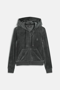 Displays the Raven / Gunmetal 'Juicy' branded Classic Velour Robertson Hoodie