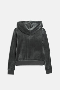 Displays the Raven / Gunmetal 'Juicy' branded Classic Velour Robertson Hoodie