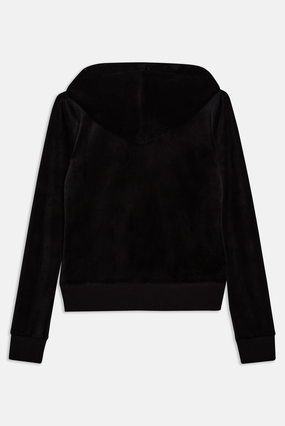 Back of a Black velour hoodie on a white background