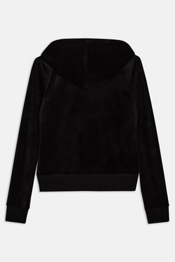 Back of a Black velour hoodie on a white background