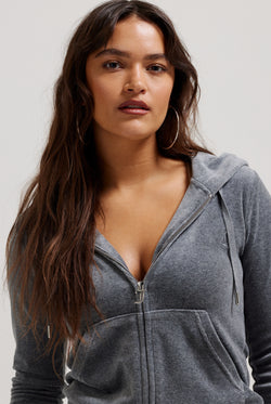 Displays a model wearing the Charcoal Marl 'Juicy' cotton velour Robertson hoodie 