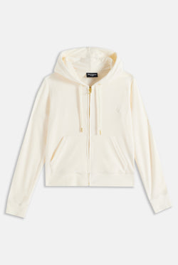 Displays the Cream & Gold 'Juicy' branded velour Robertson hoodie 