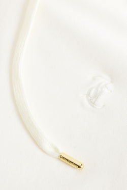 Displays the Cream & Gold 'Juicy' branded velour Robertson hoodie featuring the juicy couture logo