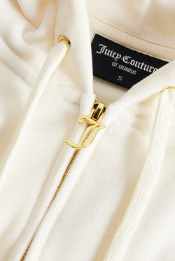 Displays the Cream & Gold 'Juicy' branded velour Robertson hoodie featuring the juicy zip