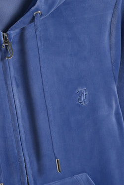 Displays the Grey Blue 'Juicy' branded classic velour Robertson hoodie featuring the juicy couture branding 