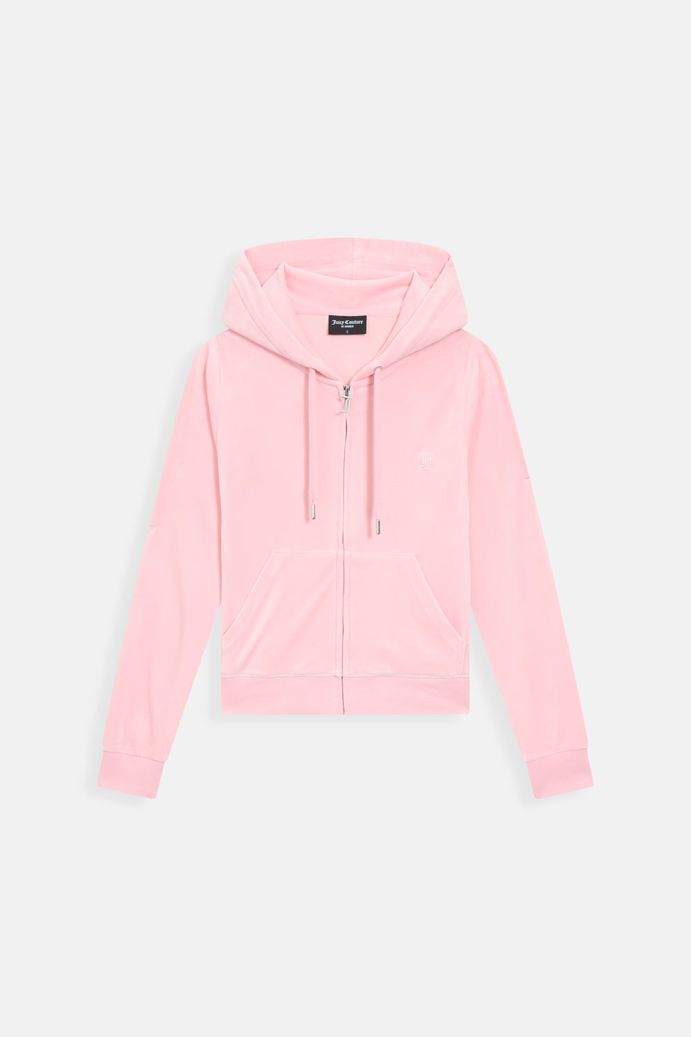 Displays the Pink Classic 'Juicy' branded Velour Robertson Hoodie 
