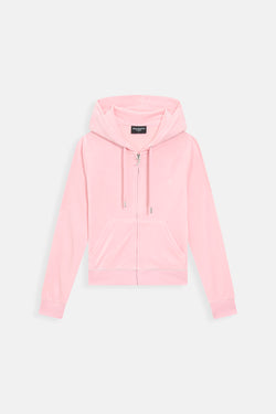 Displays the Pink Classic 'Juicy' branded Velour Robertson Hoodie 