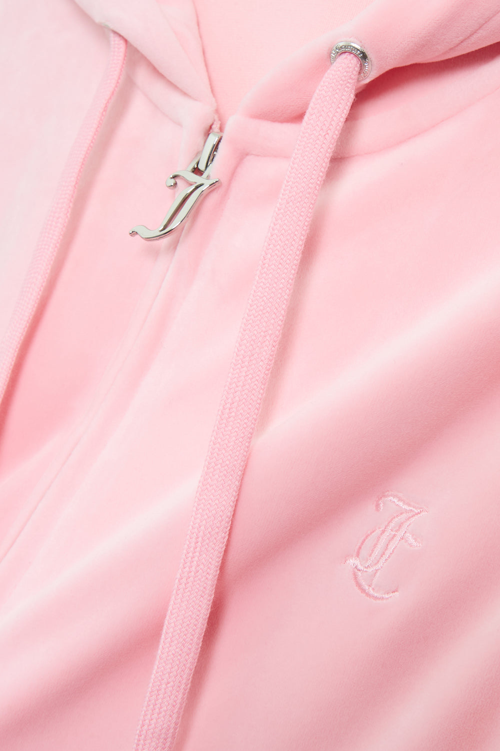 Displays the Pink Classic 'Juicy' branded Velour Robertson Hoodie feating the Logo