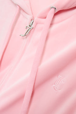 Displays the Pink Classic 'Juicy' branded Velour Robertson Hoodie feating the Logo