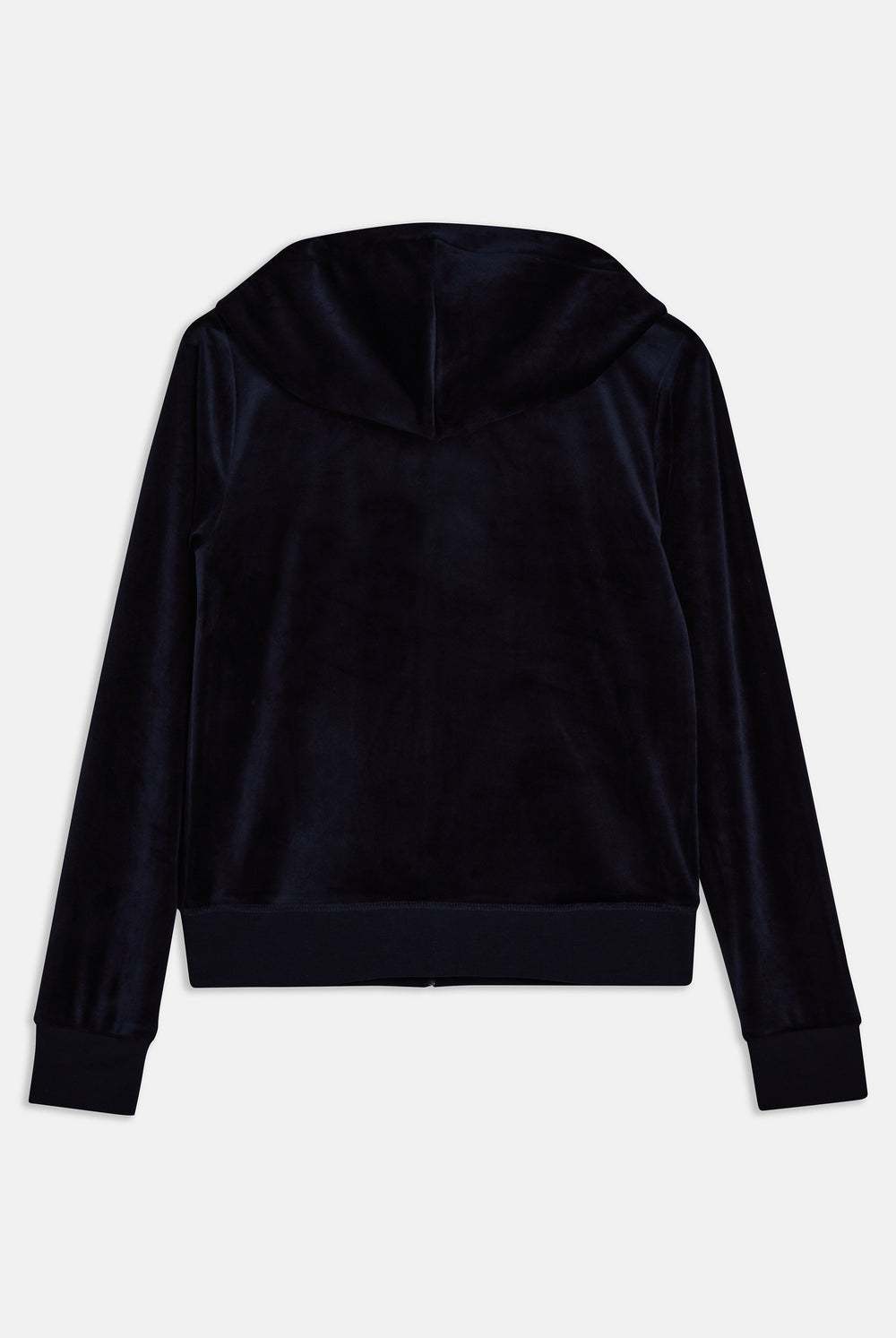 The back of a Navy Blue velour hoodie on a white background