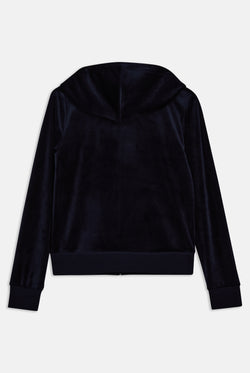 The back of a Navy Blue velour hoodie on a white background