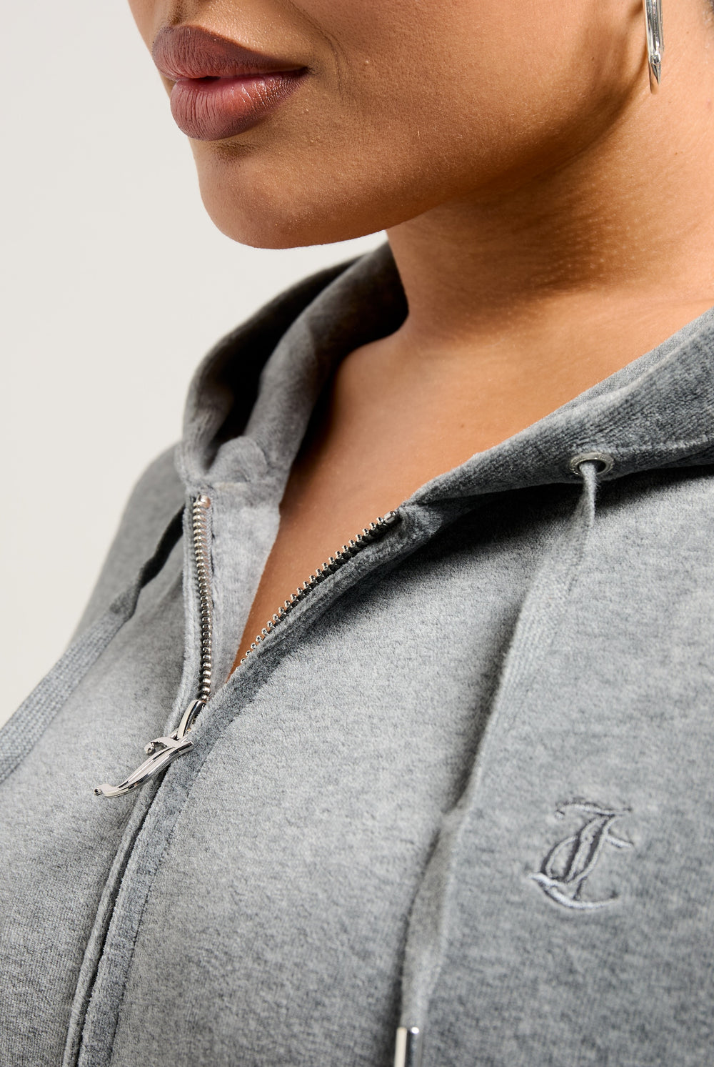Displays a model wearing the Charcoal Marl 'Juicy' cotton velour Robertson hoodie 