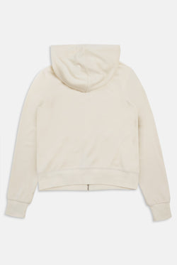 Displays the cream classic 'Juicy' branded velour Robertson hoodie 