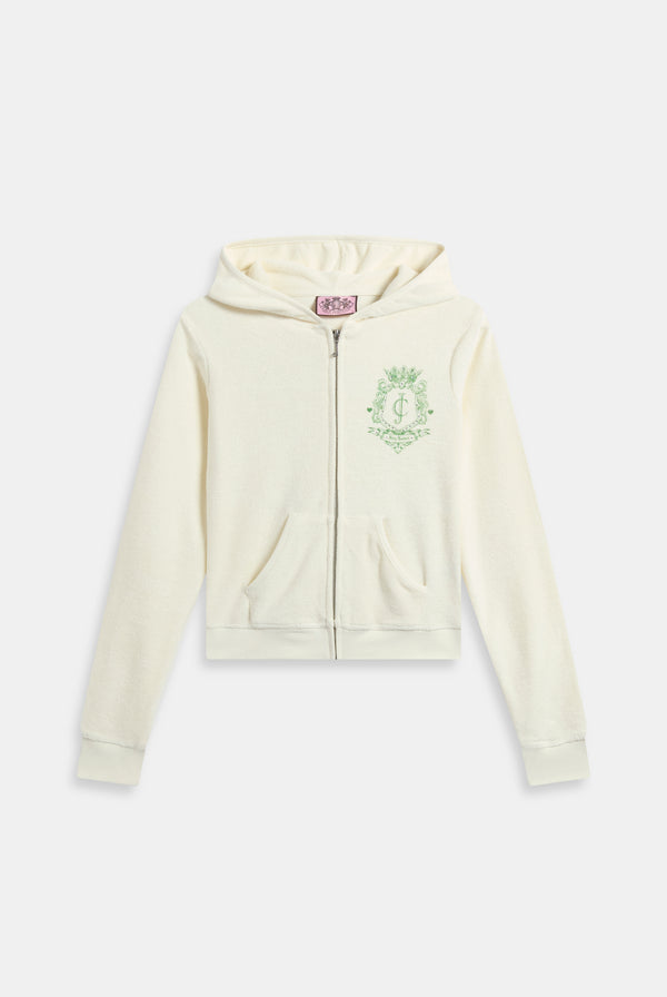 Displays the Marshmallow Towelling 'Juicy' branded chateau hoodie