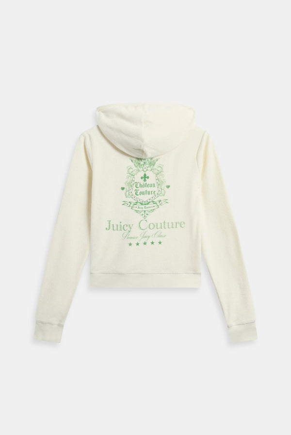 Displays the Marshmallow Towelling 'Juicy' branded chateau hoodie