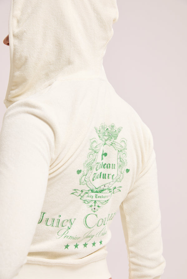 Displays a model wearing the Marshmallow Towelling 'Juicy' branded chateau hoodie