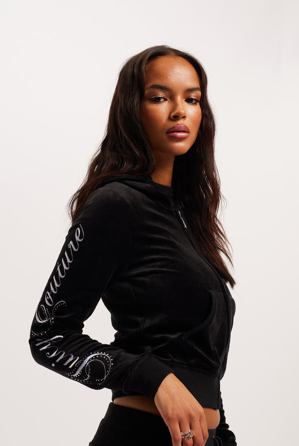 BLACK BAMBOO VELOUR HERITAGE CREST HOODIE – Juicy Couture UK