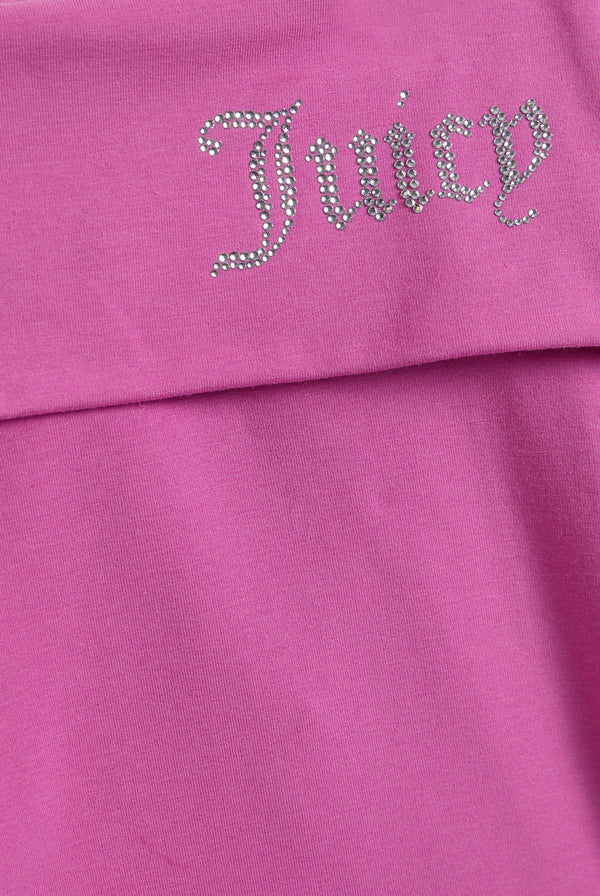 Displays the Super Pink Luxury 'juicy' branded jersey roll down diamanté shorts featuring juicy branding 