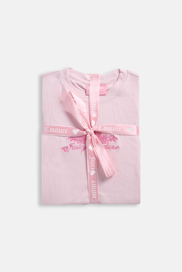 Displays the packaging for the Cherry Blossom 'Juicy' branded Rose Rib Pyjama Set