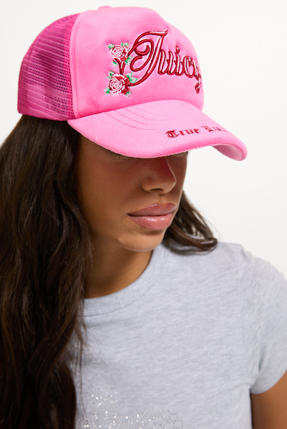 Hot Pink Rose Velour Trucker Cap