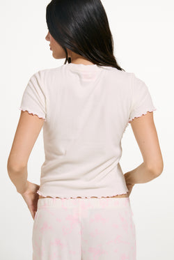 Displays a model wearing the Marshmallow 'Juicy' branded Rose Rib Pyjama Set