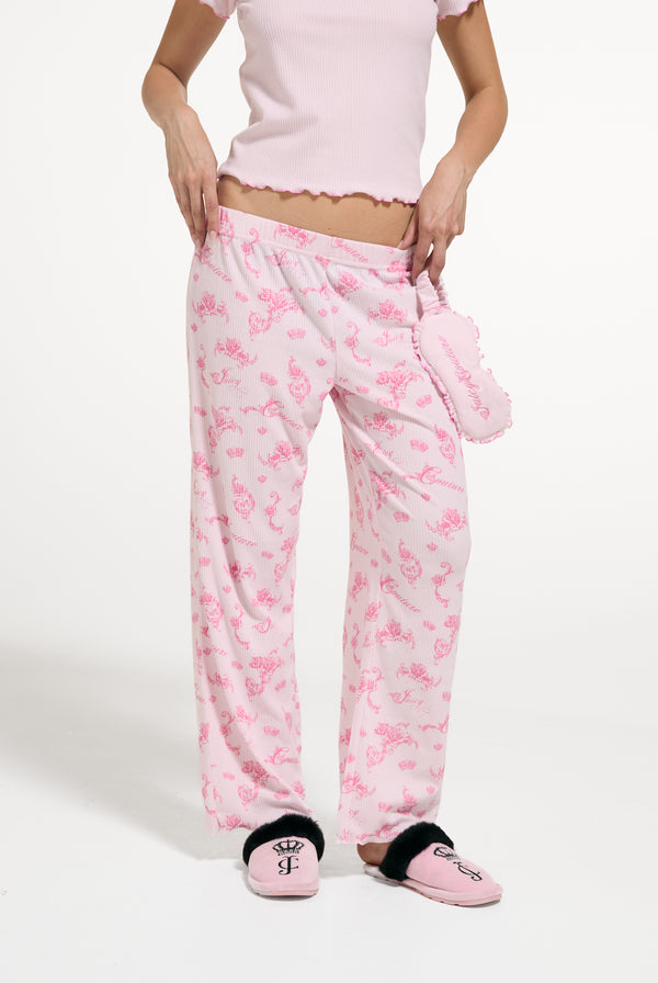 Displays a model wearing the Cherry Blossom 'Juicy' branded Rose Rib Pyjama Set