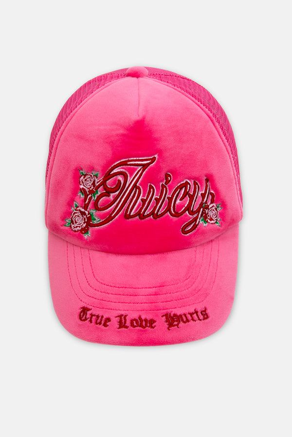 HOT PINK ROSE EMBROIDERED VELOUR TRUCKER CAP
