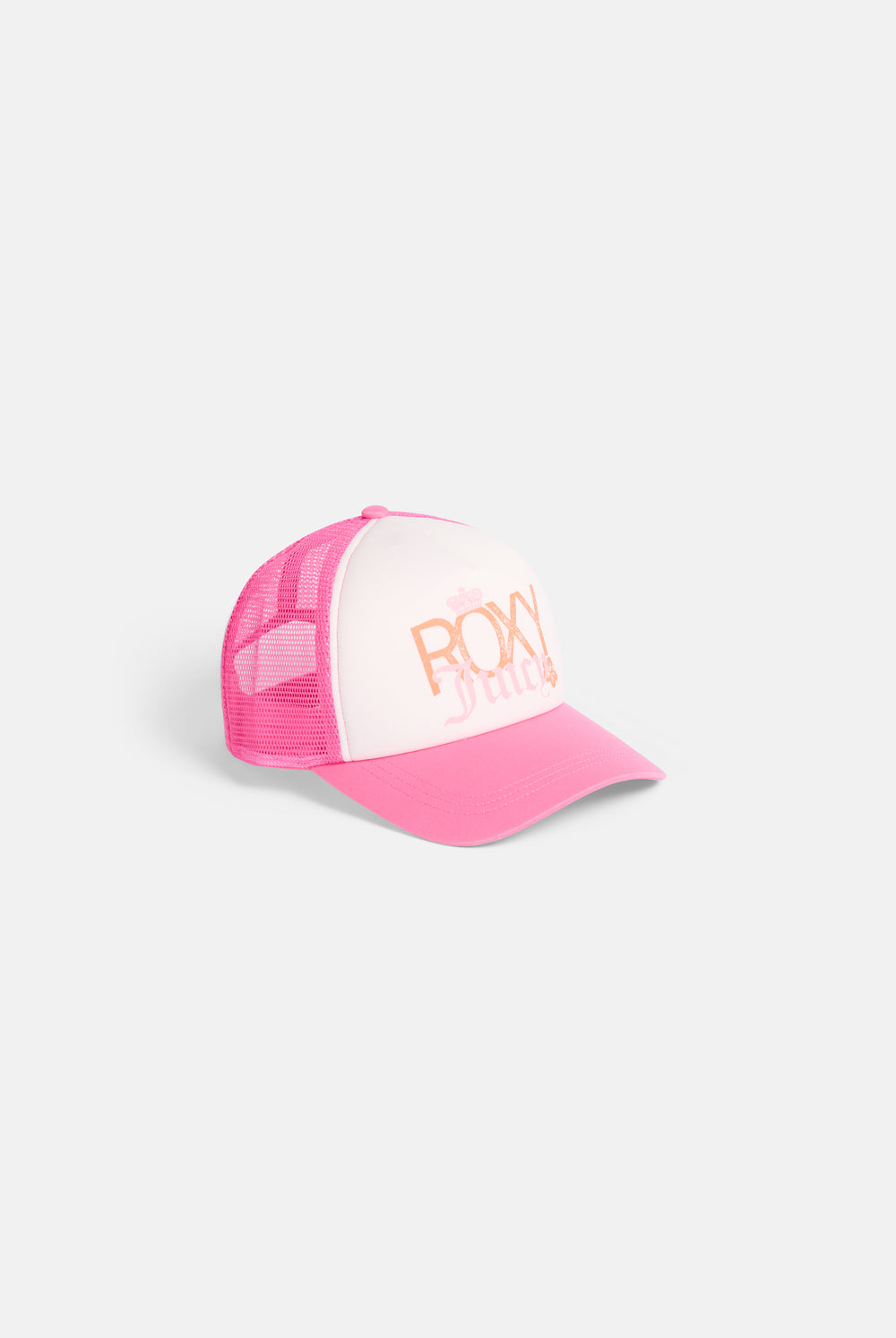 Displays the azalea pink Roxy and juicy Couture trucker cap 