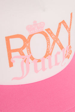 Displays the azalea pink Roxy and juicy Couture trucker cap 